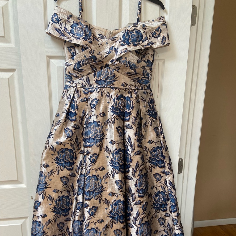 Metallic Brocade Cold-Shoulder Gown